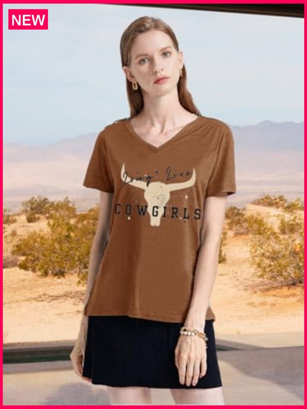 Vintage Western V-Neck T-Shirt, Short Sleeve, Loose Fit, Cotton Blend - Picture 3 of 5